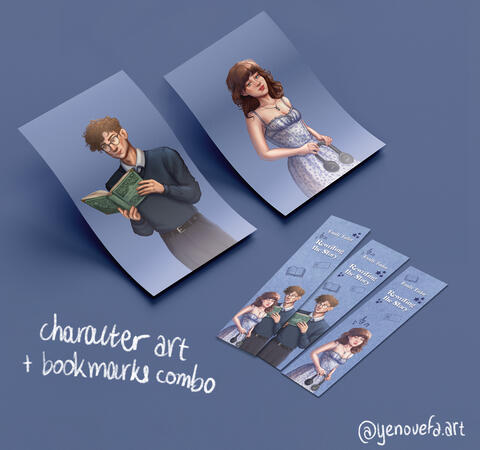 "Rewriting The Story" by Emily Tudor character art + bookmarks combo "Rewriting The Story" by Emily Tudor character art + bookmarks combo